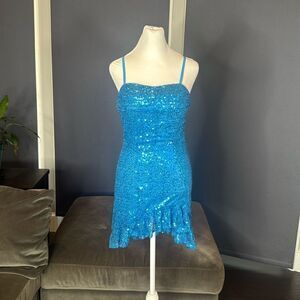 Women’s Blue Sequined Short Prom Party Homecoming Dress Ruffle Hem Size 8